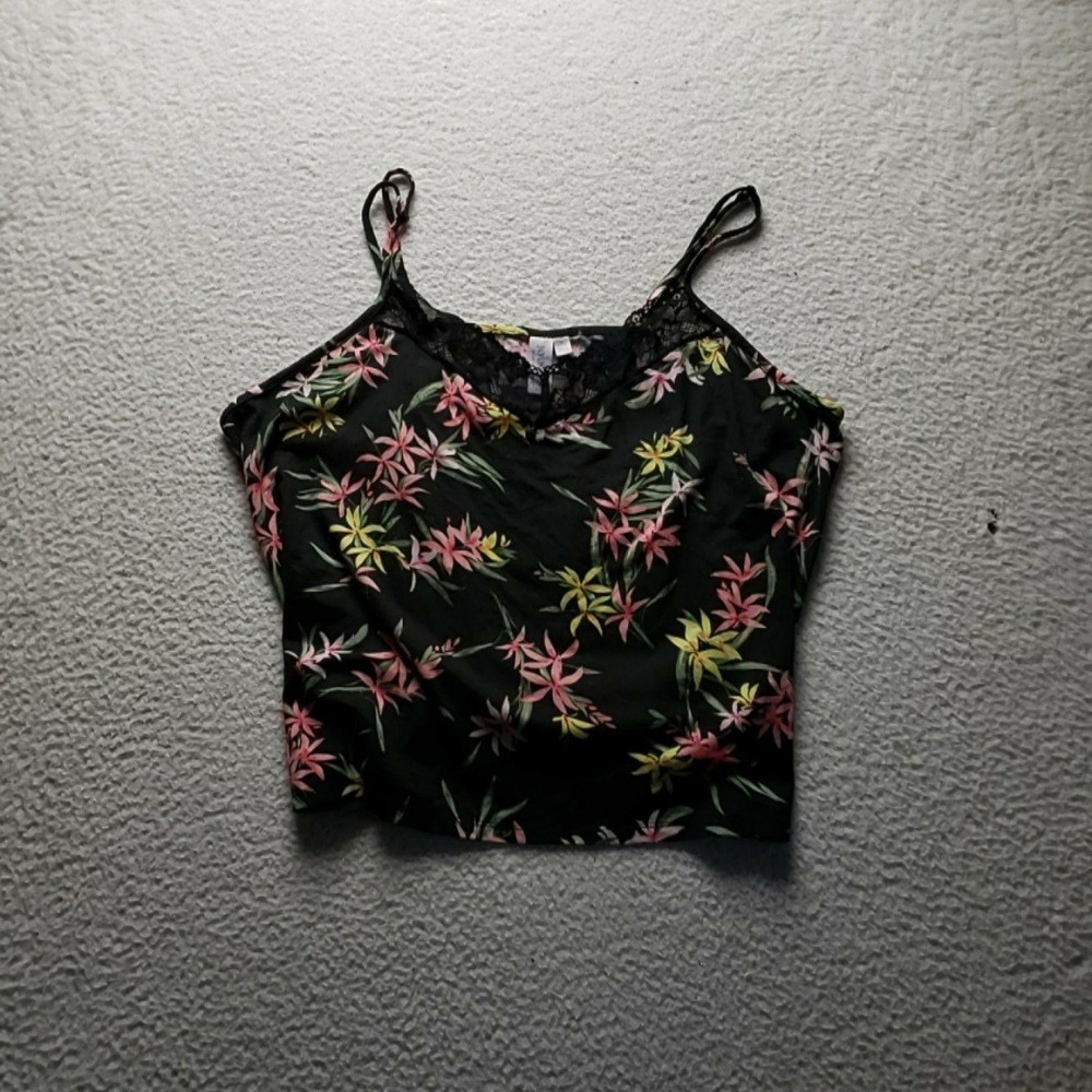 Joyspun Camisole Womens Plus 2X Black Floral Lace Trim Stretch Jersey Tank Top